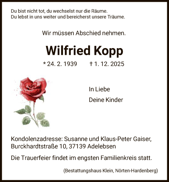 Traueranzeige von Wilfried Kopp von HNA