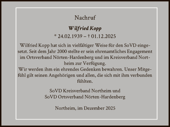 Traueranzeige von Wilfried Kopp von HNA