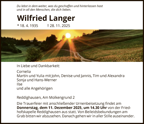 Traueranzeige von Wilfried Langer von HNA