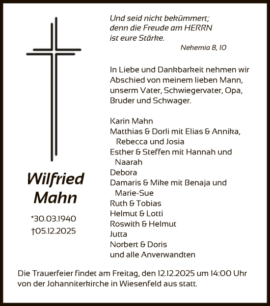 Traueranzeige von Wilfried Mahn von HNA