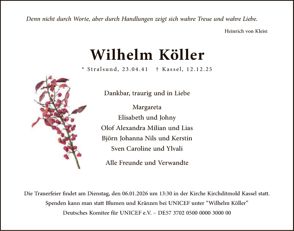  Traueranzeige für Wilhelm Köller vom 27.12.2025 aus HNA