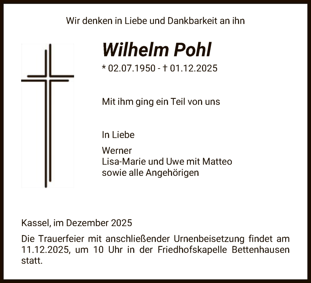  Traueranzeige für Wilhelm Pohl vom 09.12.2025 aus HNA