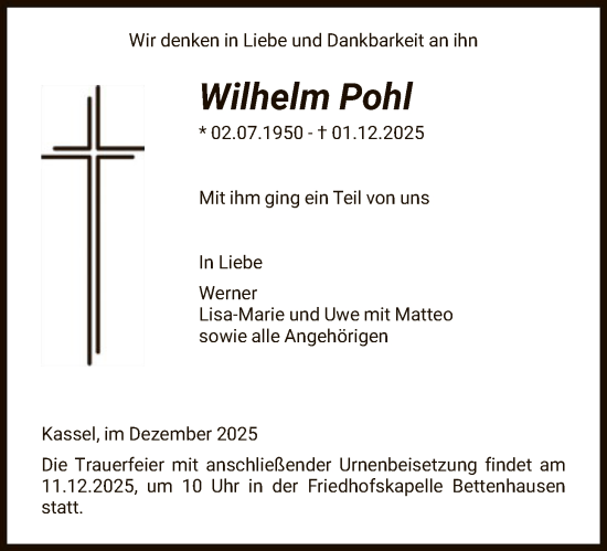 Traueranzeige von Wilhelm Pohl von HNA