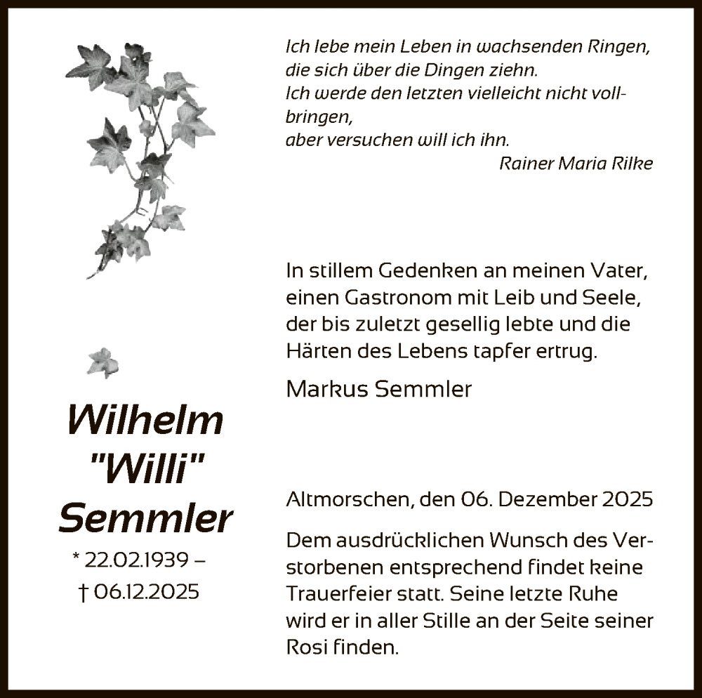  Traueranzeige für Wilhelm Semmler vom 10.12.2025 aus HNAHNA