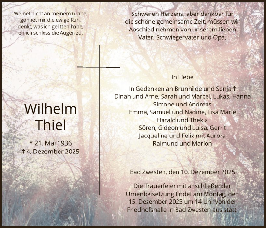 Traueranzeige von Wilhelm Thiel von HNA