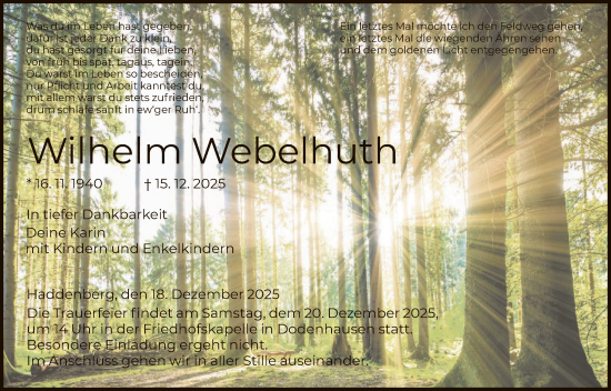 Traueranzeige von Wilhelm Webelhuth von HNA