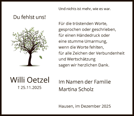 Traueranzeige von Willi Oetzel von HNA