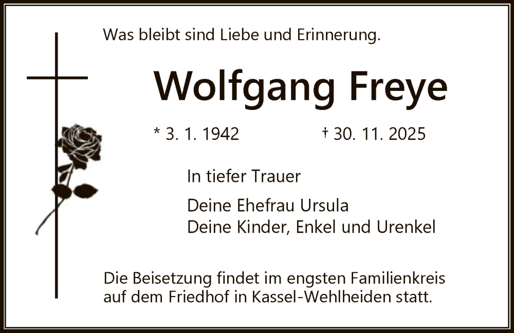  Traueranzeige für Wolfgang Freye vom 13.12.2025 aus HNA