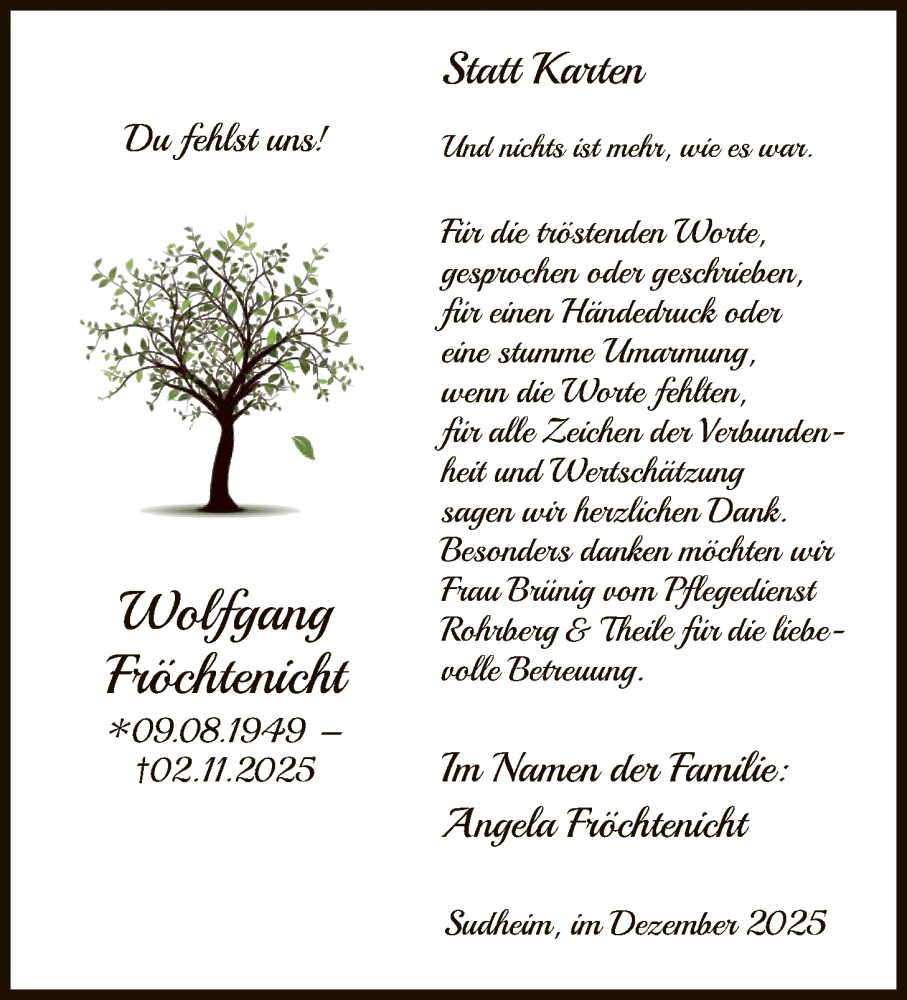  Traueranzeige für Wolfgang Fröchtenicht vom 06.12.2025 aus HNA