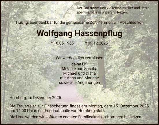Traueranzeige von Wolfgang Hassenpflug von HNA