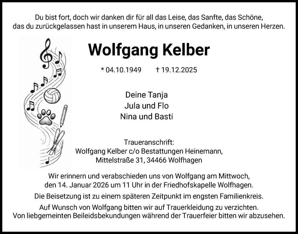  Traueranzeige für Wolfgang Kelber vom 27.12.2025 aus HNA
