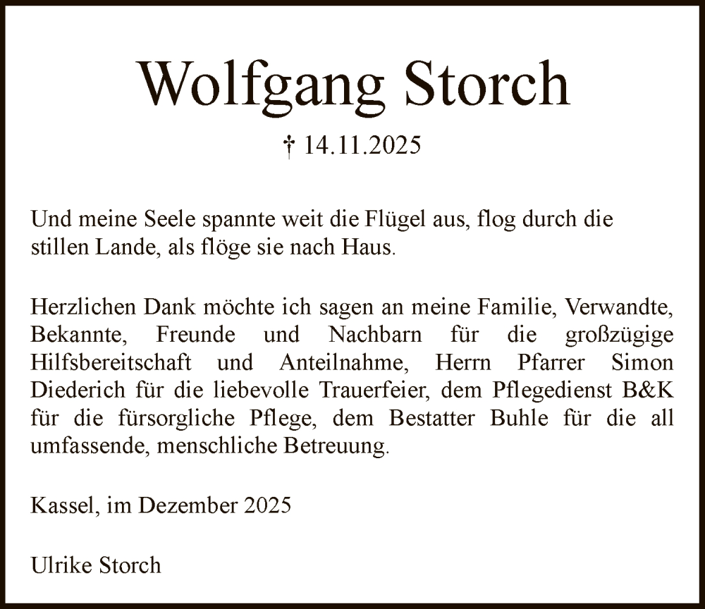  Traueranzeige für Wolfgang Storch vom 20.12.2025 aus HNA