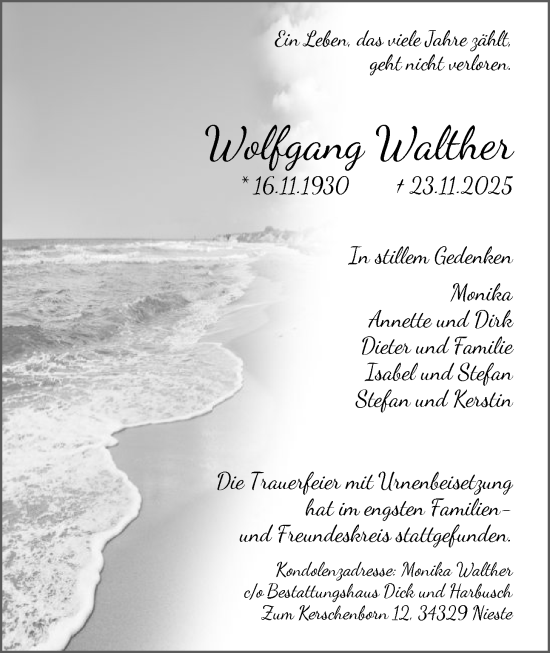 Traueranzeige von Wolfgang Walther von HNA