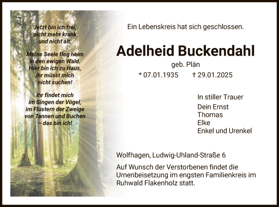 Traueranzeige von Adelheid Buckendahl von HNA