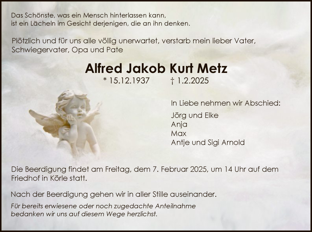  Traueranzeige für Alfred Jakob Kurt Metz vom 05.02.2025 aus HNA