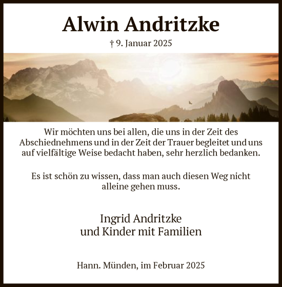 Traueranzeige von Alwin Andritzke von HNA