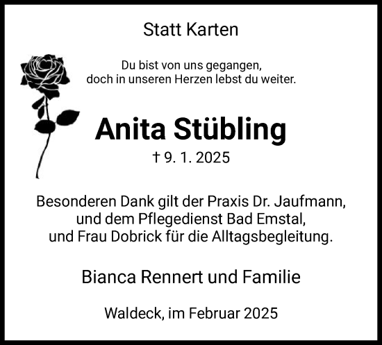 Traueranzeige von Anita Stübling von HNA