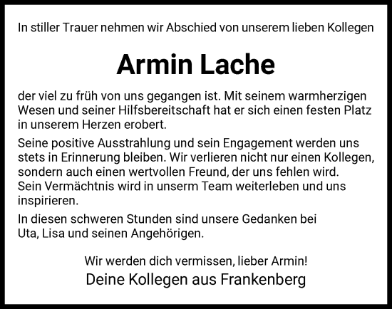 Traueranzeige von Armin Lache von HNA