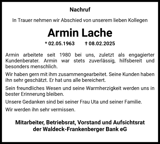 Traueranzeige von Armin Lache von HNA