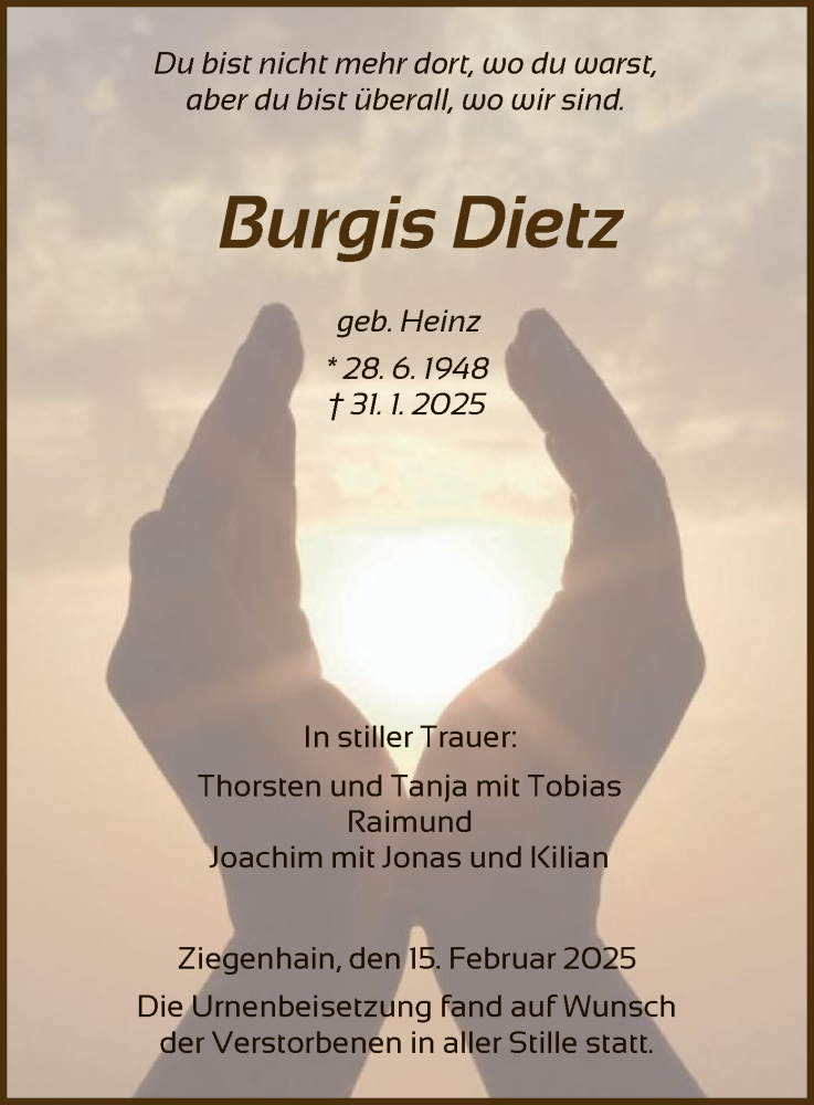 Traueranzeige für Burgis Dietz vom 15.02.2025 aus HNA
