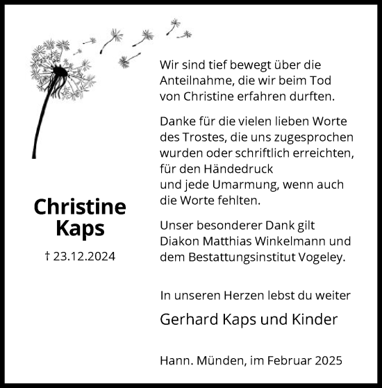 Traueranzeige von Christine Kaps von HNA