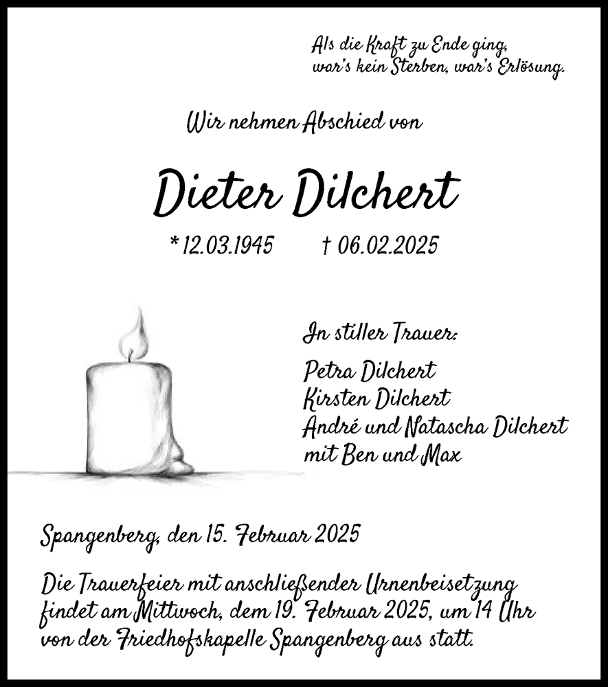  Traueranzeige für Dieter Dilchert vom 15.02.2025 aus HNA