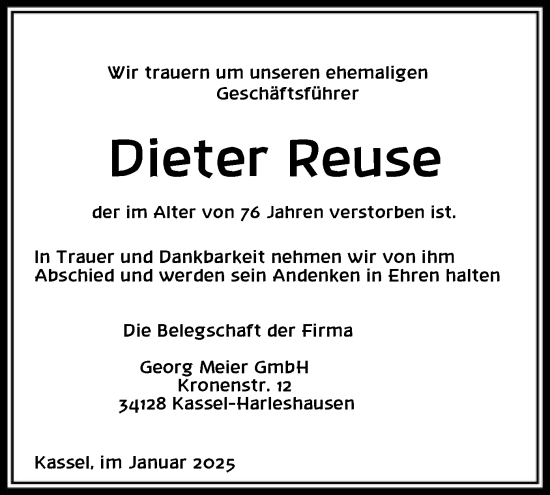 Traueranzeige von Dieter Reuse von HNA