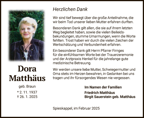 Traueranzeige von Dora Matthäus von HNA