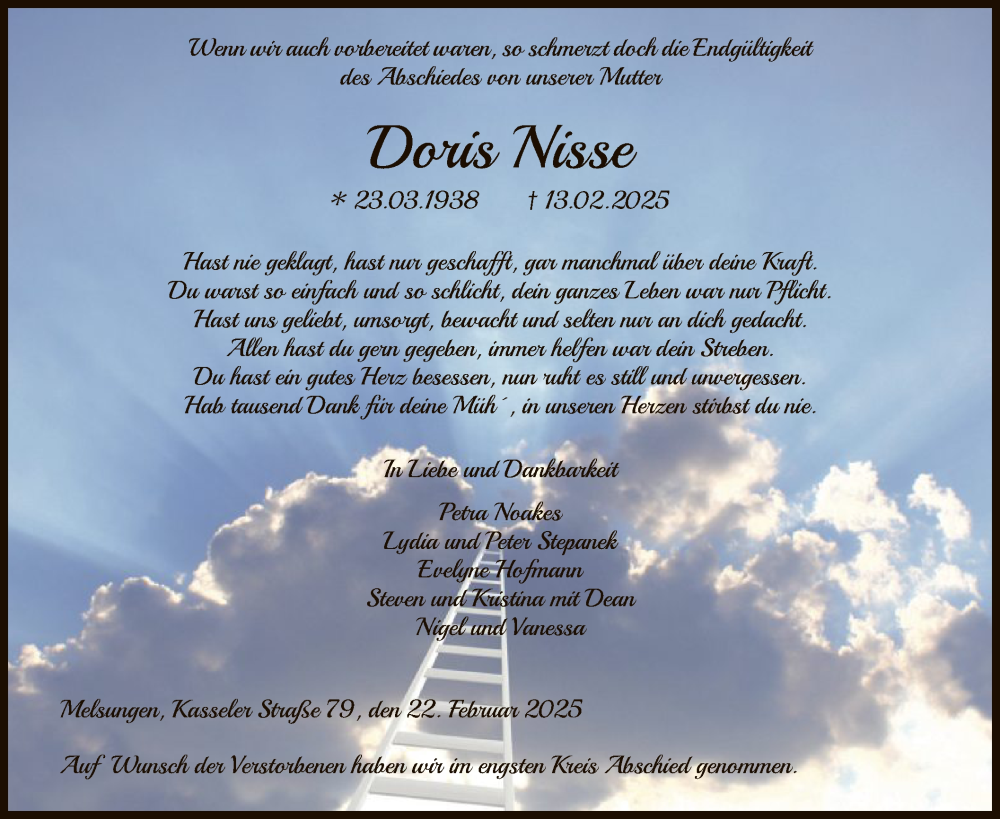  Traueranzeige für Doris Nisse vom 22.02.2025 aus HNA