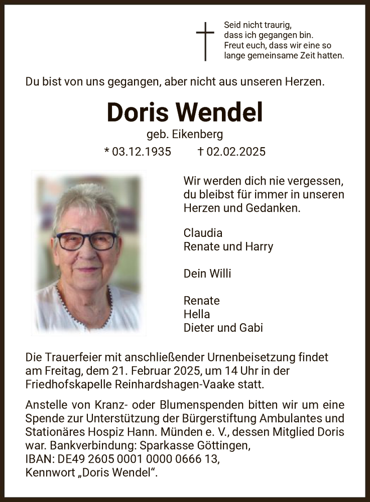  Traueranzeige für Doris Wendel vom 15.02.2025 aus HNAHNA
