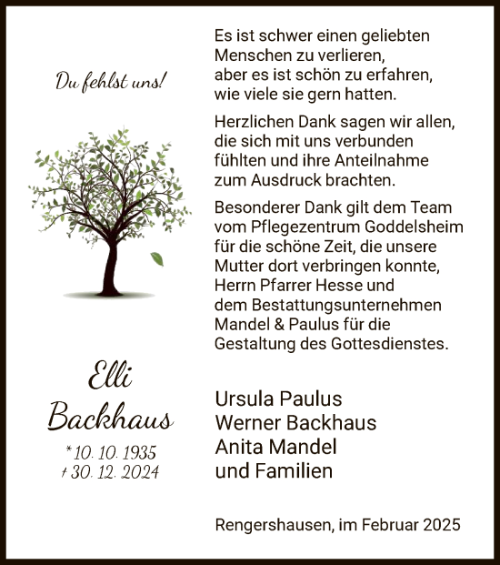 Traueranzeige von Elli Backhaus von HNA