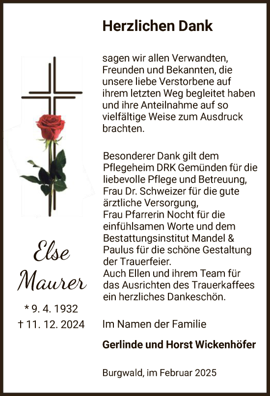 Traueranzeige von Else Maurer von HNA