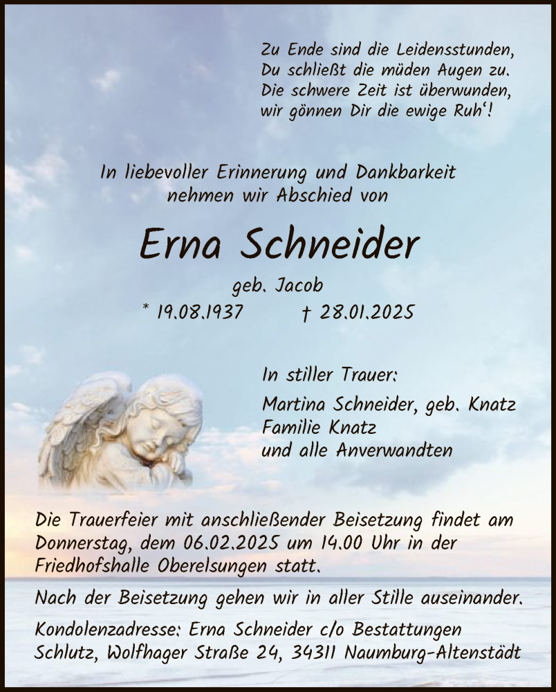 Traueranzeige für Erna Schneider vom 01.02.2025 aus HNA