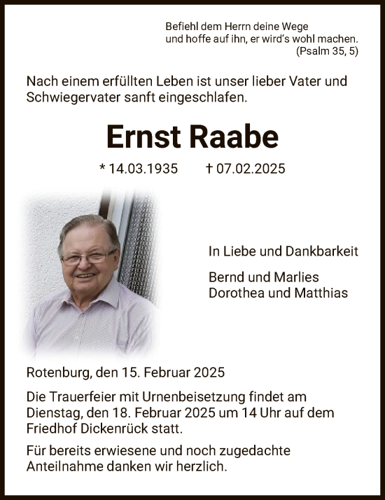 Traueranzeige von Ernst Raabe von HNA