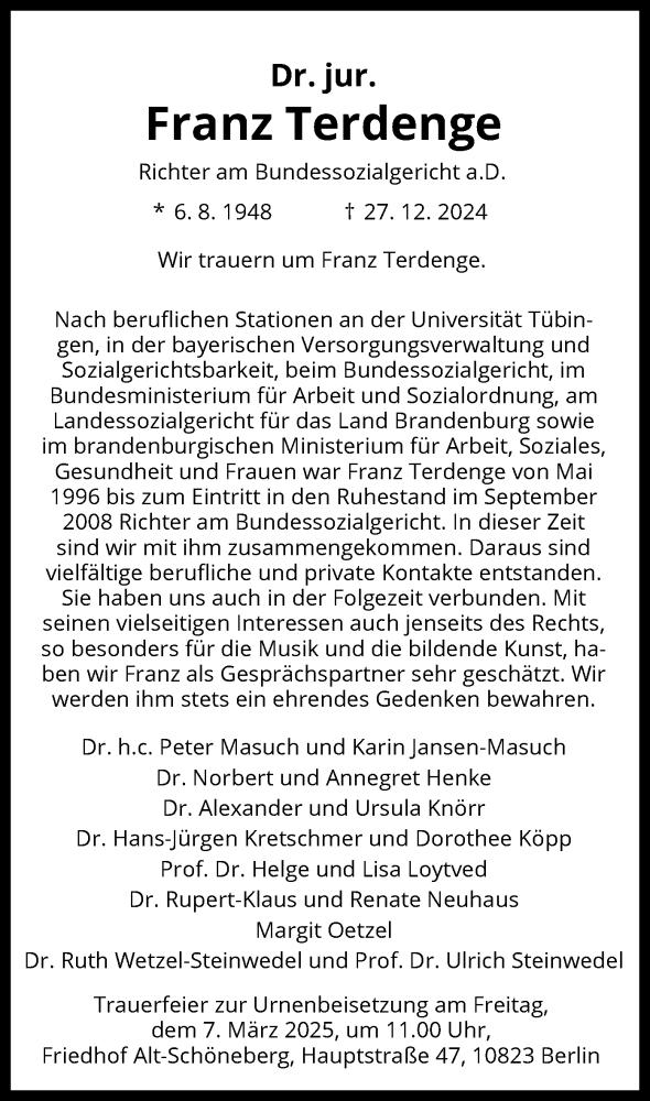  Traueranzeige für Franz Terdenge vom 01.02.2025 aus HNA