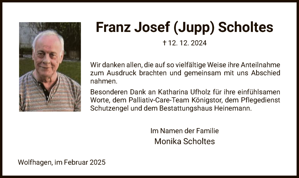 Traueranzeige für Franz Josef Scholtes vom 01.02.2025 aus HNA