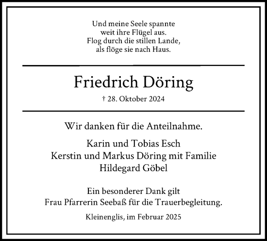 Traueranzeige von Friedrich Döring von HNA