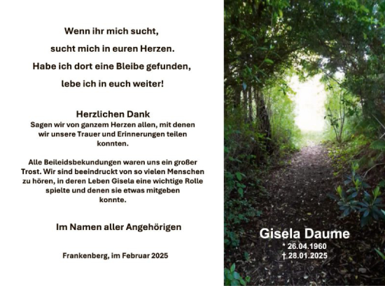 Traueranzeige von Gisela Daume von HNA