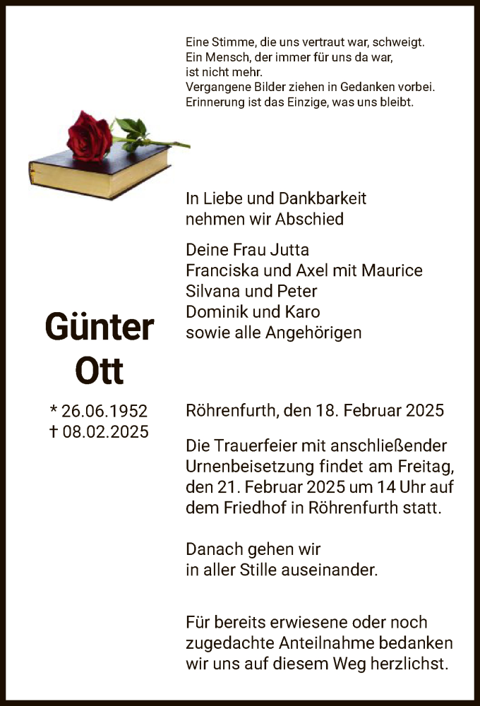  Traueranzeige für Günter Ott vom 18.02.2025 aus HNA