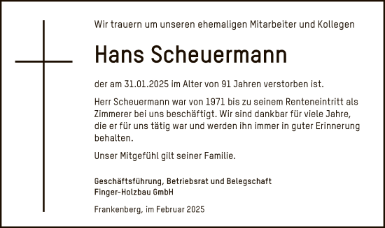 Traueranzeige von Hans Scheuermann von HNA