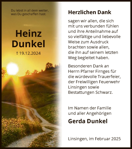 Traueranzeige von Heinz Dunkel von HNA