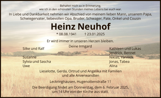 Traueranzeige von Heinz Neuhof von HNA