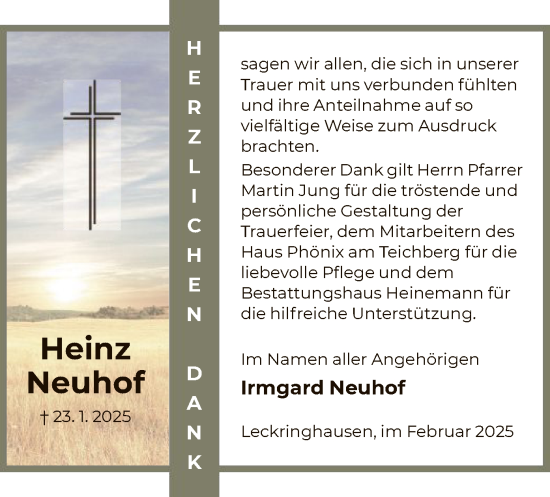 Traueranzeige von Heinz Neuhof von HNA