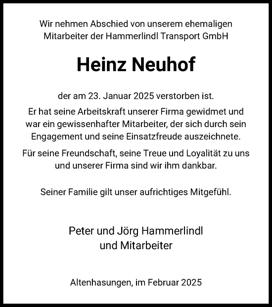 Traueranzeige von Heinz Neuhof von HNA