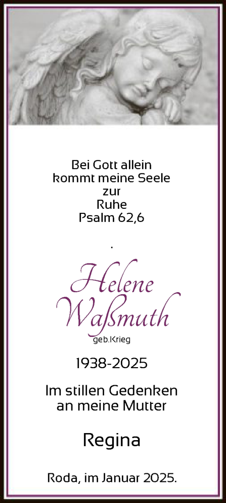 Traueranzeige von Helene Waßmuth von HNA