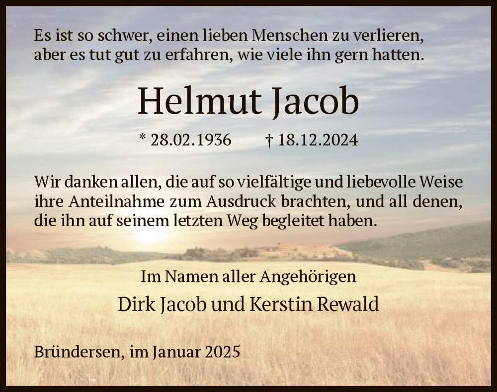  Traueranzeige für Helmut Jacob vom 01.02.2025 aus HNA
