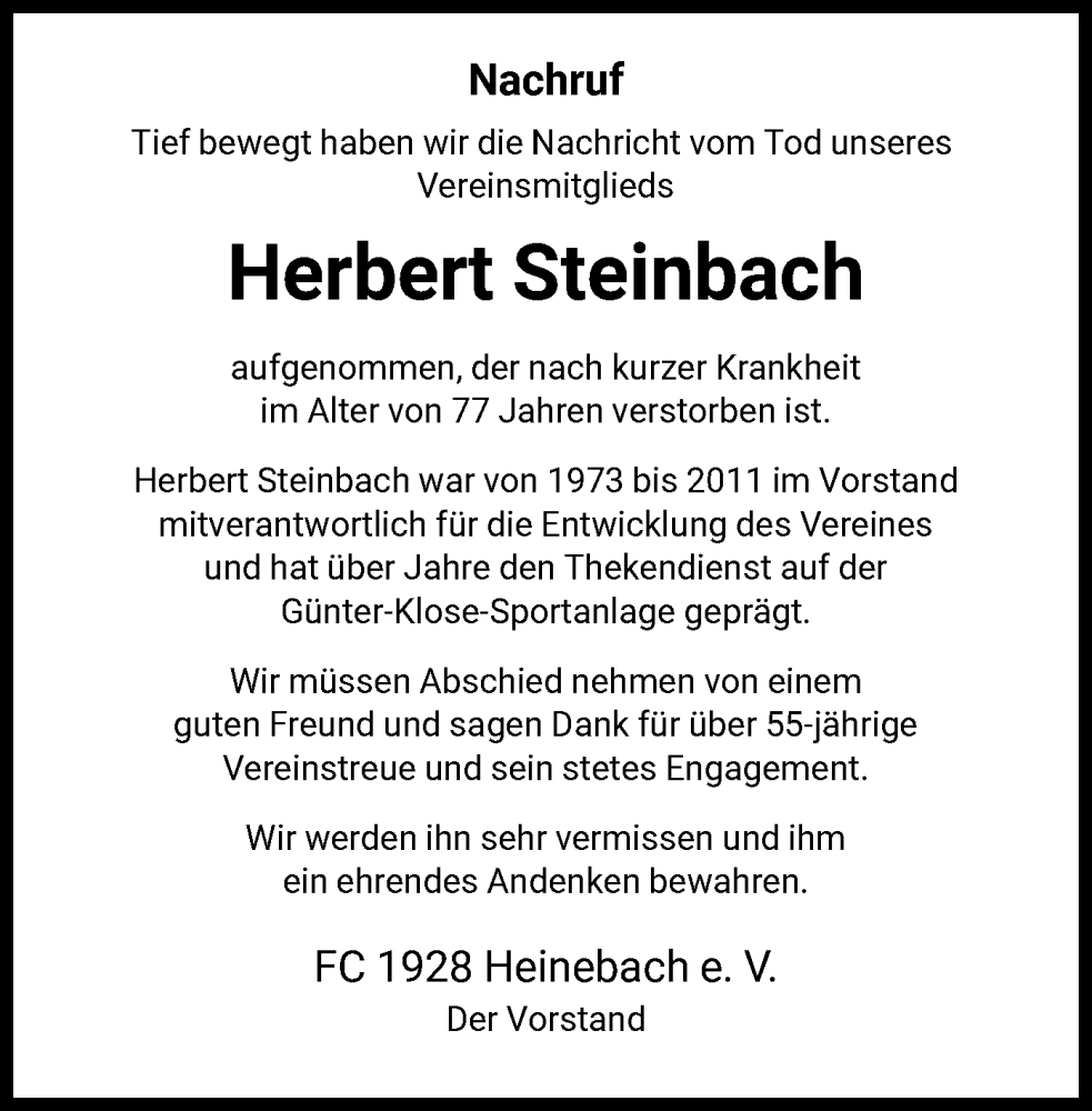  Traueranzeige für Herbert Steinbach vom 11.02.2025 aus HNA