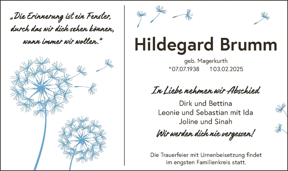  Traueranzeige für Hildegard Brumm vom 15.02.2025 aus HNA