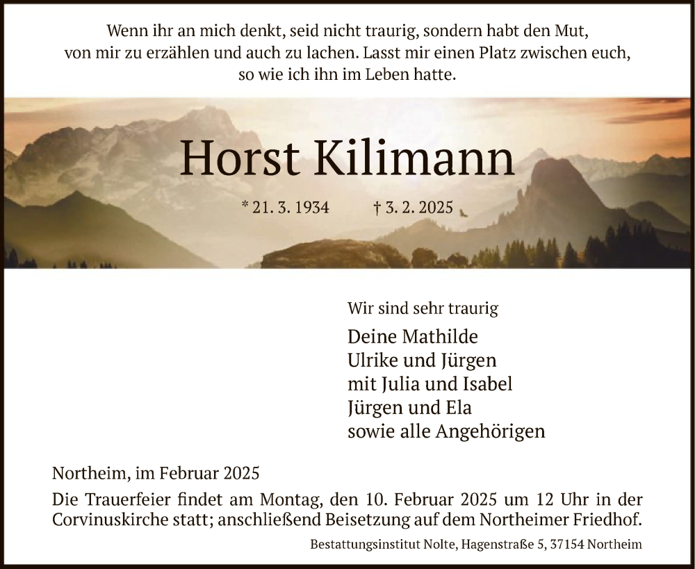  Traueranzeige für Horst Kilimann vom 08.02.2025 aus HNA