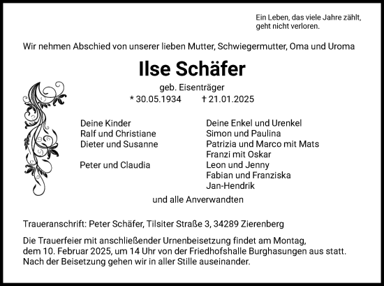 Traueranzeige von Ilse Schäfer von HNA